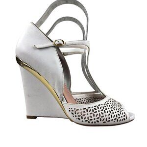 Raoul Women's Size 37 White Open Toe Laser Cut Gold Trim High Wedge Heel Sandals